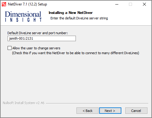 The Installing a New NetDiver window, asking for the default DiveLine server string.